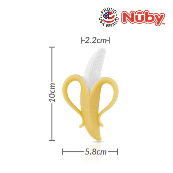 Astra Family A banana shaped pacifier with measurements.
