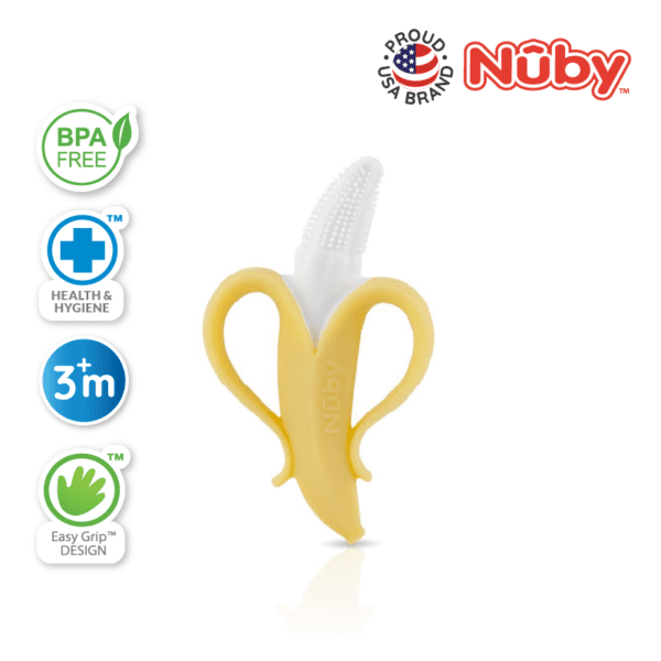 Astra Family A banana shaped teether with the words nuby on it.