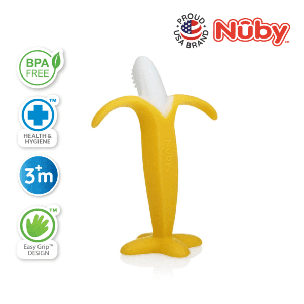 Astra Family A banana shaped toy with the words 'nuby' on it.