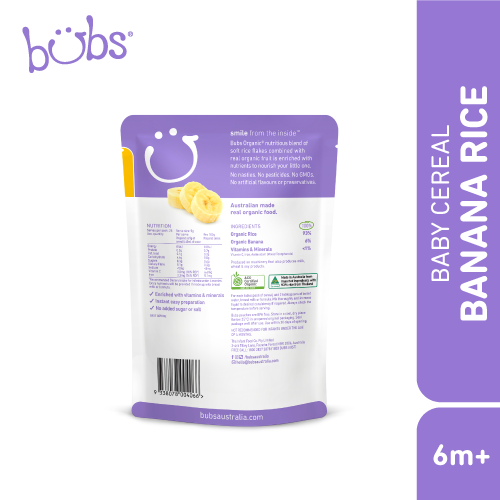 Astra Family Bubs Organic Baby Banana Rice Cereal offers a 125g serving of banana rice porridge, the perfect instant organic baby food.