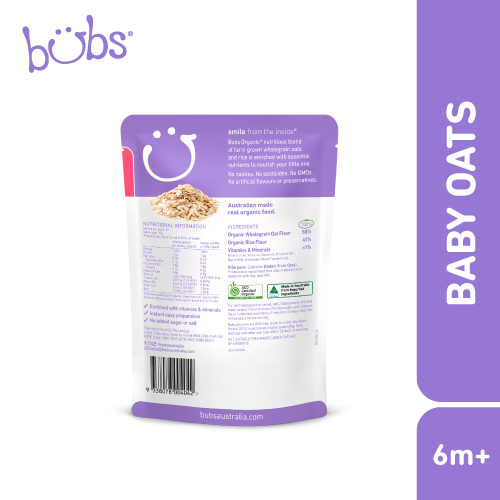Astra Family Bubs Organic Baby Oats Cereal 125g featuring a purple background.