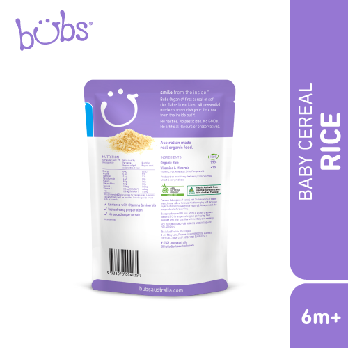 Astra Family Bob's Bubs organic baby rice cereal 125g in a pouch with a purple background that is instant baby porridge.