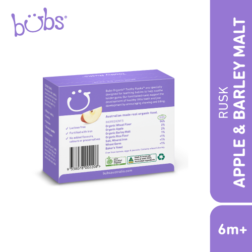 Astra Family Bubs Organic Apple & Barley Lactose Free Toothy Rusks 100g - baby teething biscuits.
