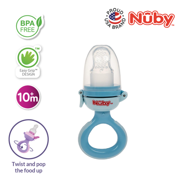 Astra Family A blue Nuby Twist Squeeze Feeder with Silicone Nipple and Hygienic Cover, featuring a fruit compartment teether for baby.