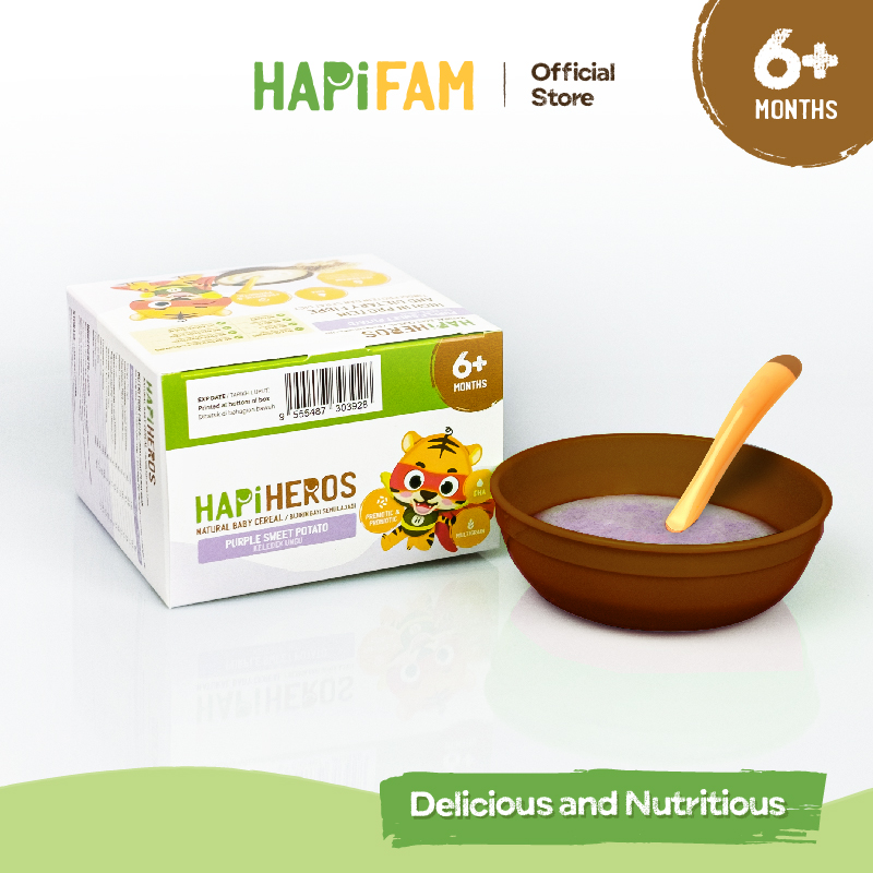 Astra Family A bowl of HAPIHEROS Baby Cereal - Original 200g (20g x 10) - instant baby cereal for healthy baby food, with a spoon next to it.