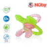 Astra Family A green and pink Nuby pacifier with the word 