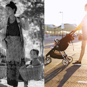 Astra Family The Baby Journey Then Vs Now: Stroller and basket transporting mothers with babies.