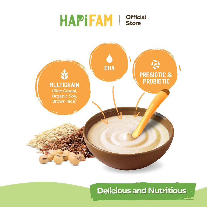 Astra Family A bowl with a HAPIHEROS Baby Cereal - Original 200g (20g x 10) and a side of hummus.