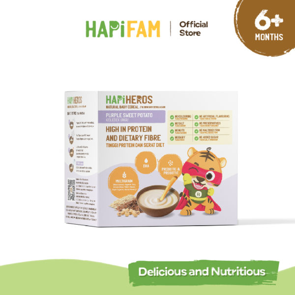 Astra Family A box of HAPIHEROS Baby Cereal - Purple Sweet Potato, an instant baby food.