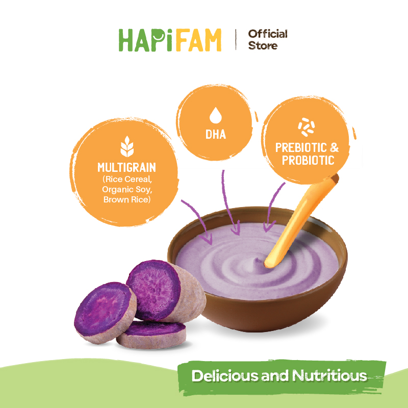 Astra Family A bowl of nutritious HAPIHEROS baby cereal - Purple Sweet Potato, a healthy and instant baby meal.