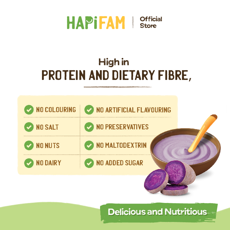 Astra Family High in protein and nutritional fibre, HAPIHEROS Baby Cereal - Purple Sweet Potato (20g x 10) provides a balanced and healthy instant baby food option.