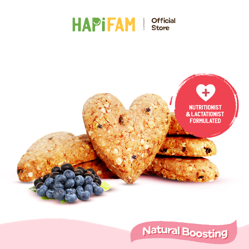 Astra Family A heart-shaped HAPIMOMS Lactation Cookie with blueberries - a natural breast milk increasing food for breastfeeding moms' diet.