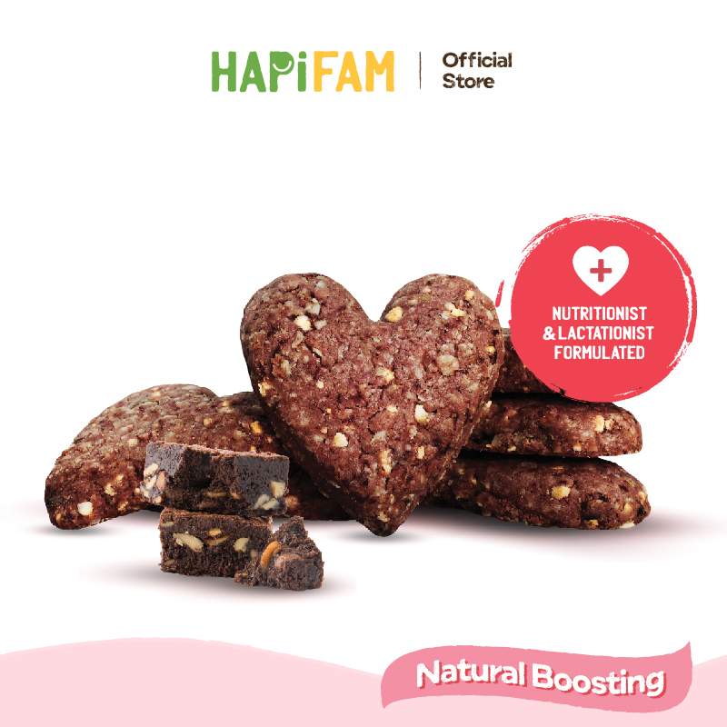 Astra Family A heart shaped HAPIMOMS lactation cookie - Brownie with the words hayfam natural boosting, a natural breast milk booster.