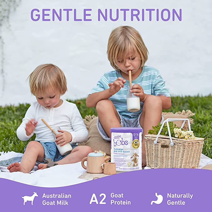 Astra Family Two children sitting on a blanket with Bubs Advanced Plus+ Goat Infant Formula.