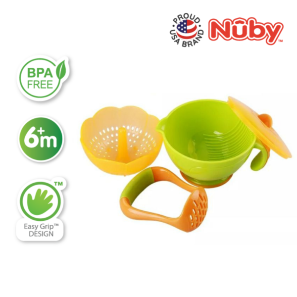 Astra Family A set of baby food utensils with an orange bowl and a green bowl.