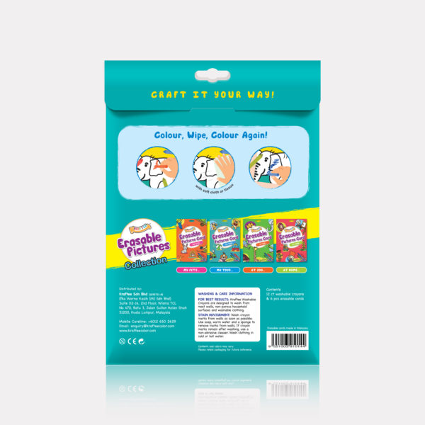 Astra Family A package with KRAFTEE Erasable Picture Cards – My Toys (with 12ct washable crayons) featuring non-toxic kids crayons.