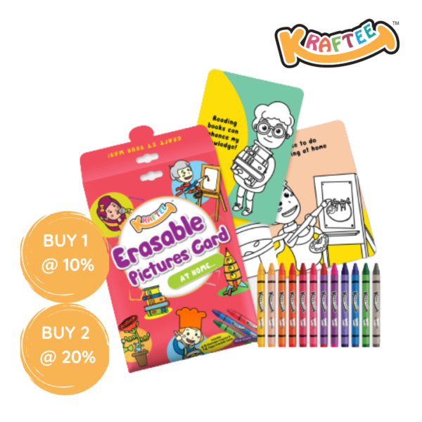 KRAFTEE Erasable Picture Cards – At Home with 12ct washable crayons.