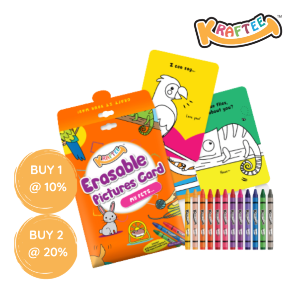 KRAFTEE Erasable Picture Cards – My Pets with 12ct washable crayons.
