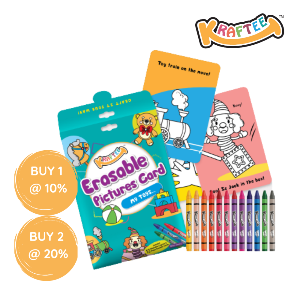 KRAFTEE Erasable Picture Cards – My Toys with 12ct washable crayons.