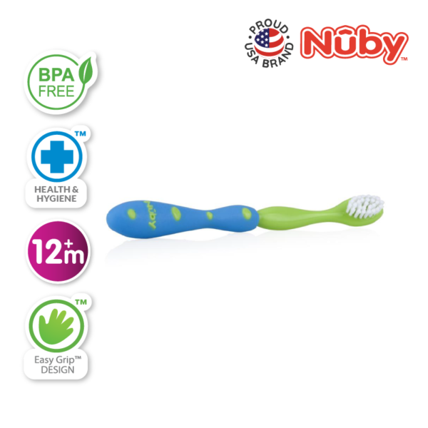 Astra Family A baby toothbrush with Nuby bristles.