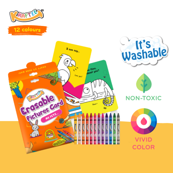 kraftee erasable picture cards – my pets (with 12ct washable crayons)