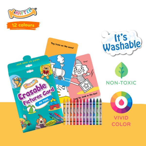 kraftee erasable picture cards – my toys (with 12ct washable crayons.)