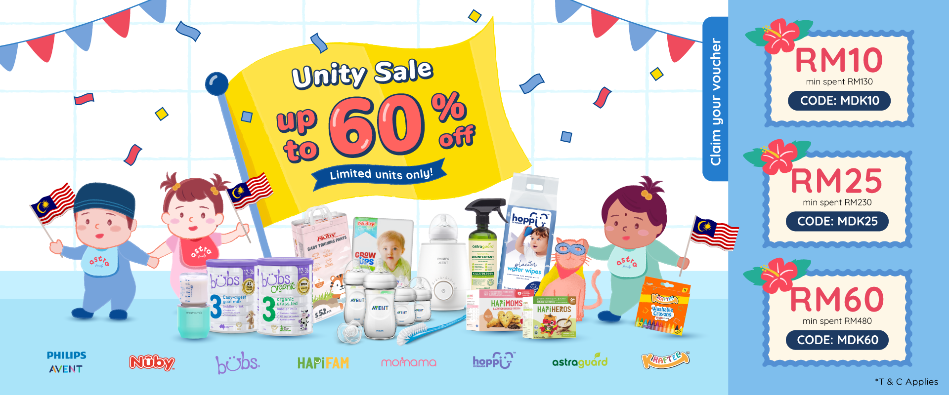 Astra Family A flyer showcasing a sale of children's products with a vibrant My Account banner.