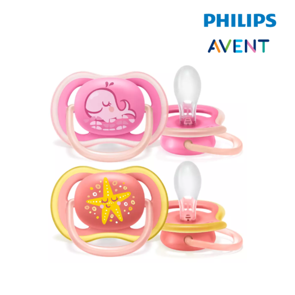 Astra Family Three Whale/Star pacifiers from Philips Avent's Ultra Air collection on a white background.