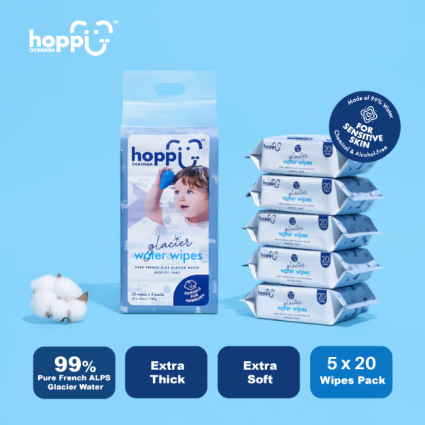 Astra Family Hoppi Glacier Water Wipes 20's x 5packs with cotton on a blue background.