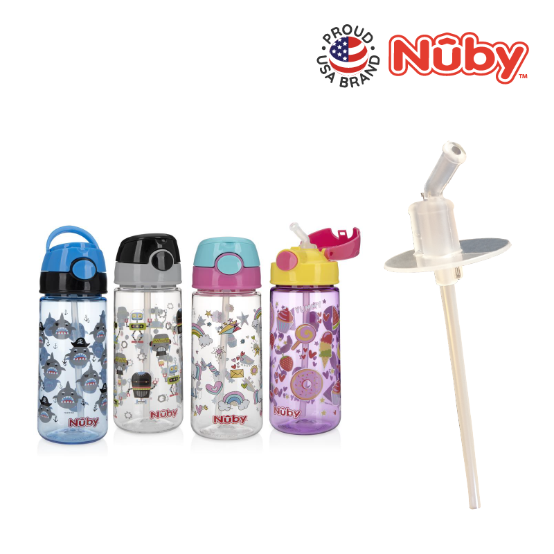 Astra Family Nuby 1pk Replacement Silicone Straw-Fits NB10563 Printed Tritan Flip-It Active Cup water bottle with a straw - packaged in a wrap card.