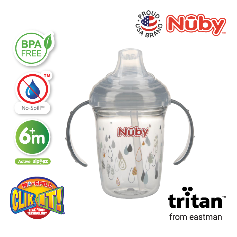 NB10567 Printed No Spill Cup w Silicone Spout Tritan 240ml GreyRain