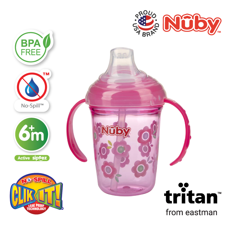 NB10567 Printed No Spill Cup w Silicone Spout Tritan 240ml PinkFlower