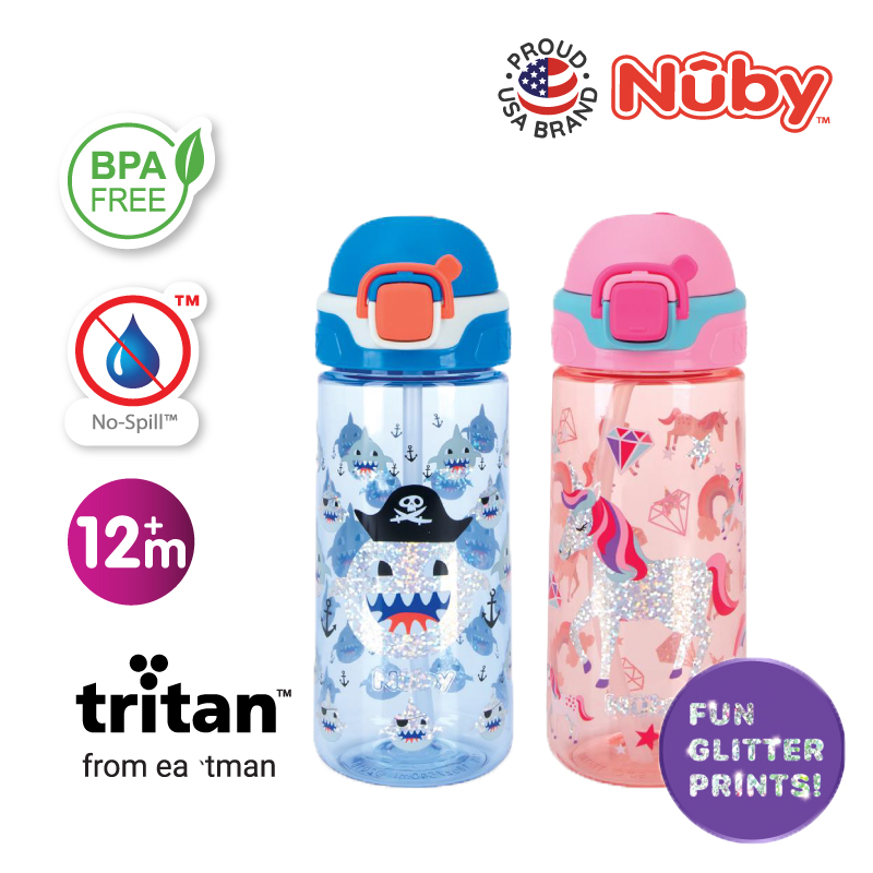 NB10774 Tritan Cup with Silicone Spout wGlitter Design shark unicorn