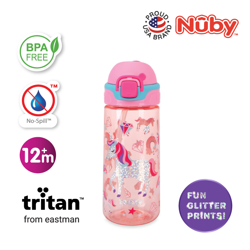 Astra Family A pink Nuby Tritan Flip-It Sipper cup featuring a unicorn design, ideal for school.