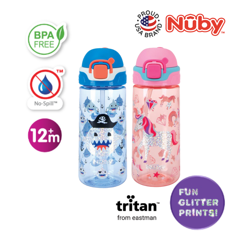Nuby Push Button Flip-it Soft Spout Tritan Water Bottle, Pink Unicorns, 18  Oz