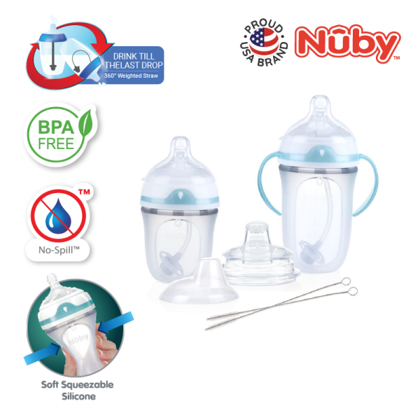 Astra Family The Nuby Comfort Silicone Newborn Starter Set includes silicone baby bottles and a straw.