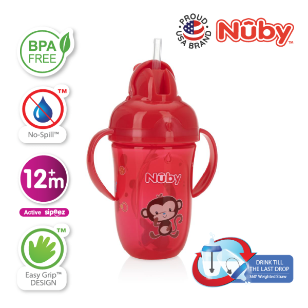 Astra Family A Nuby Flip-It Cup with Handles 270ml with a monkey on it.