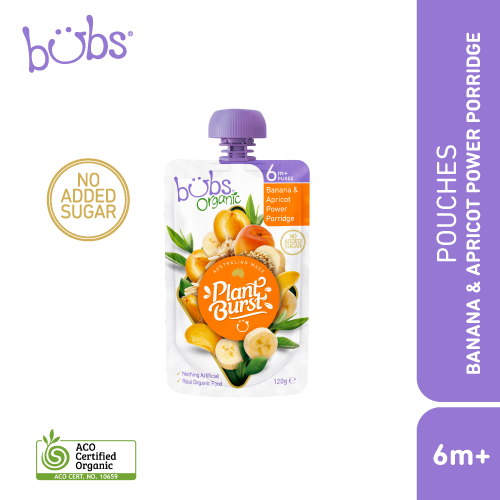 Astra Family A pouch of Bubs® Organic Banana and Apricot Power Porridge with mangoes for babies.