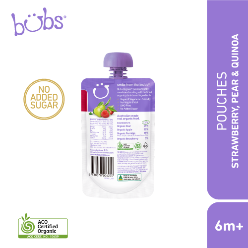 Astra Family A healthy organic puree of strawberry, pear, and quinoa for babies in a Bubs® Organic baby food pouch adorned with a strawberry.