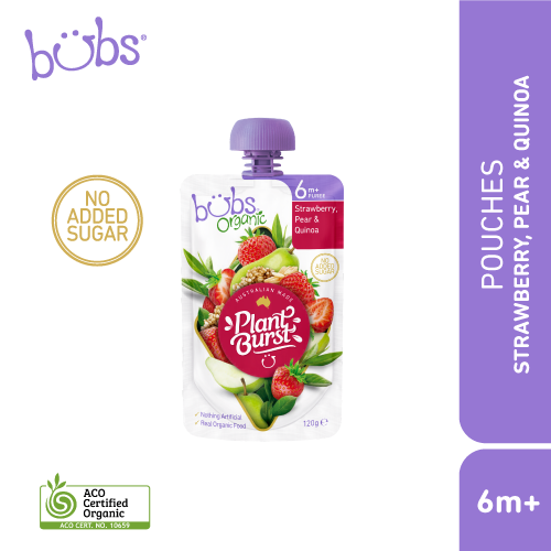 Astra Family A pouch of Bubs® Organic Strawberry, Pear and Quinoa fruit and veg organic baby food pouches.