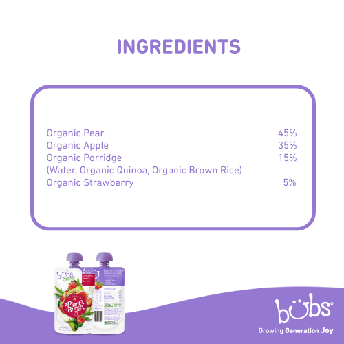 Astra Family Bob's Bubs® Organic Strawberry, Pear and Quinoa - instant organic baby food pouches.