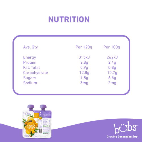 Astra Family A nutrition label for a bottle of Bubs® Organic Sweetcorn and Pumpkin baby food.
