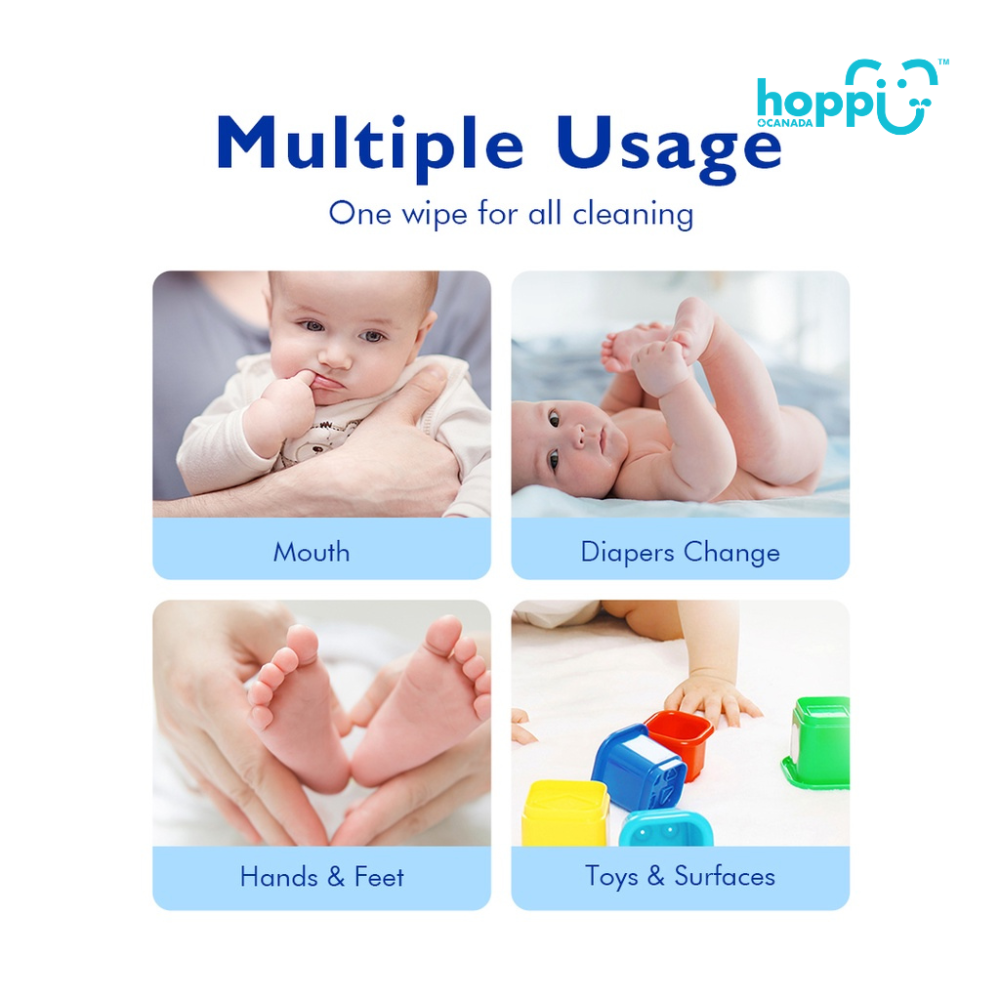 Astra Family A picture of Hoppi Baby Wet Wipes Mini, 8 Pack with multiple usage.
