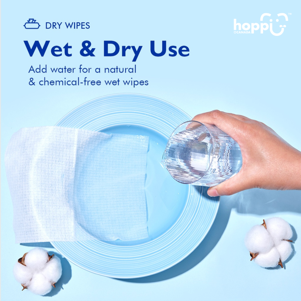 Astra Family Hoppi Dry Wipes, 100 Wipes Pack are for wet and dry use in the Hoppi 3-In-1 Bundle Pack Baby Wet Wipes.