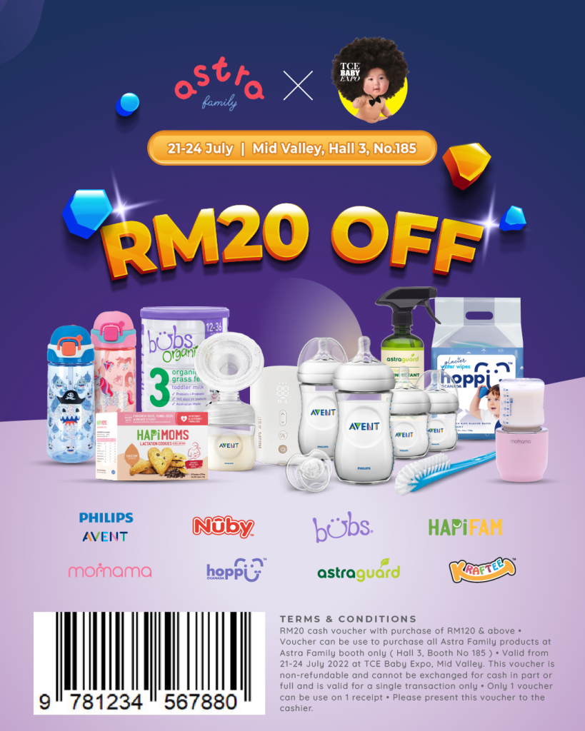 Astra Family A flyer with a coupon for a 20 percent discount on baby products.