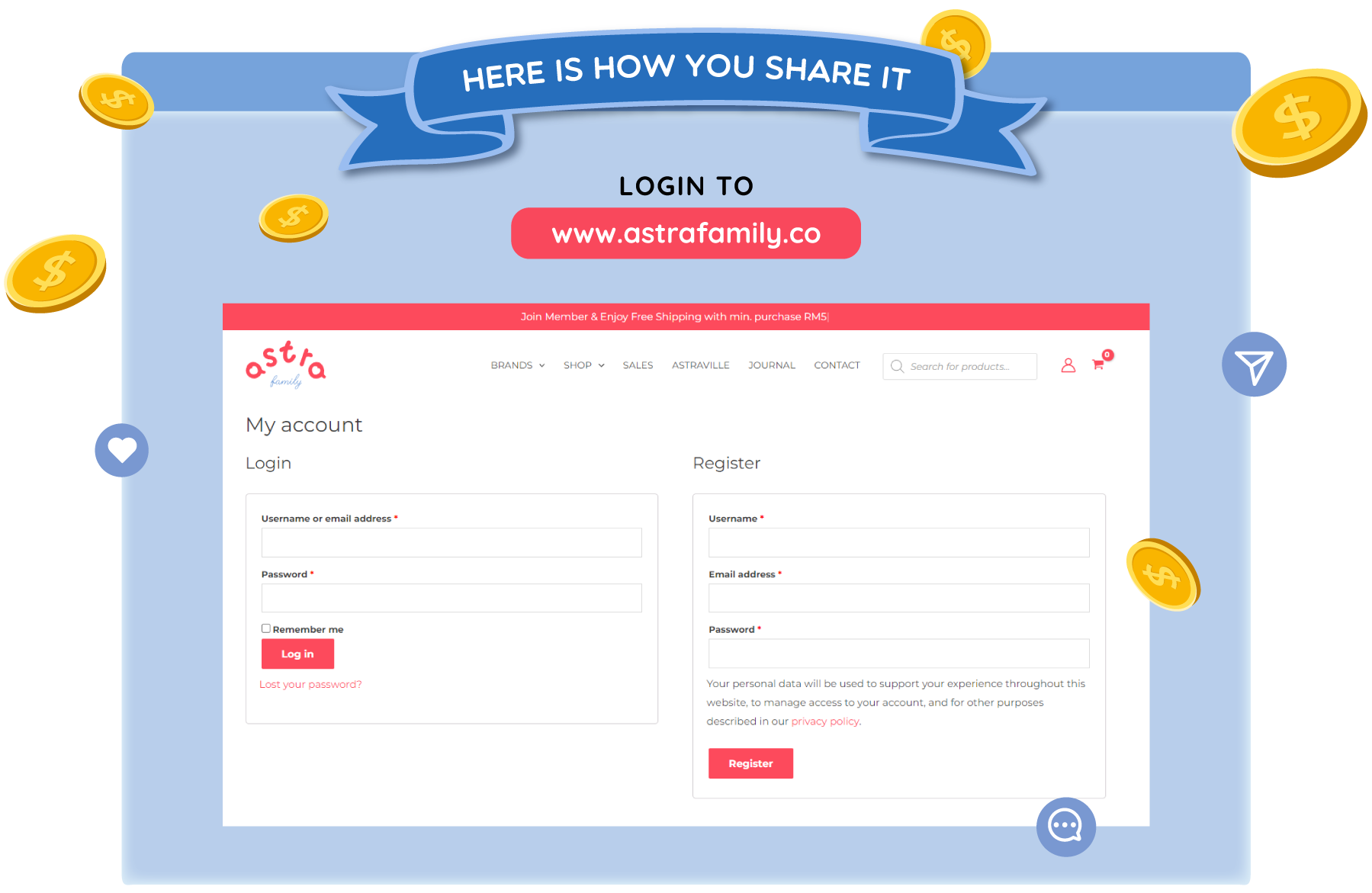 Astra Family A sign up page where users can Share & Earn coins by clicking on the sign up button.