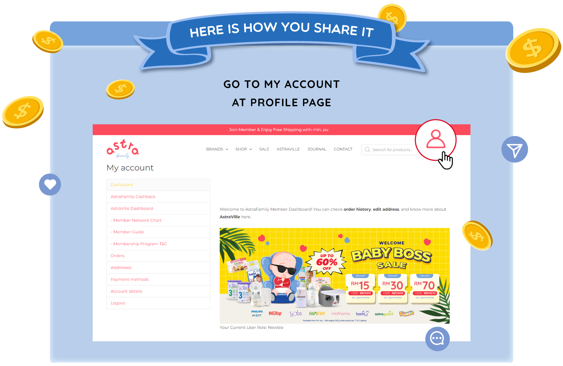 Astra Family A page that guides users on how to Share and Earn rewards by accessing their account on the people page.