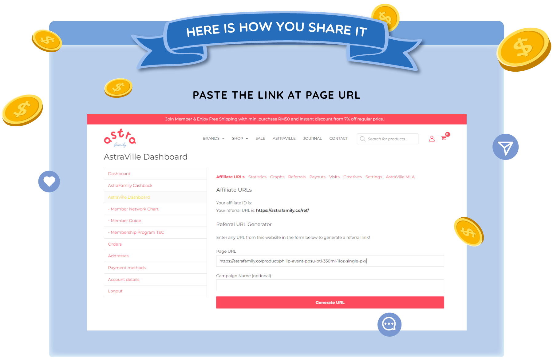 Astra Family A landing page where you can Share and Earn rewards, with the words 