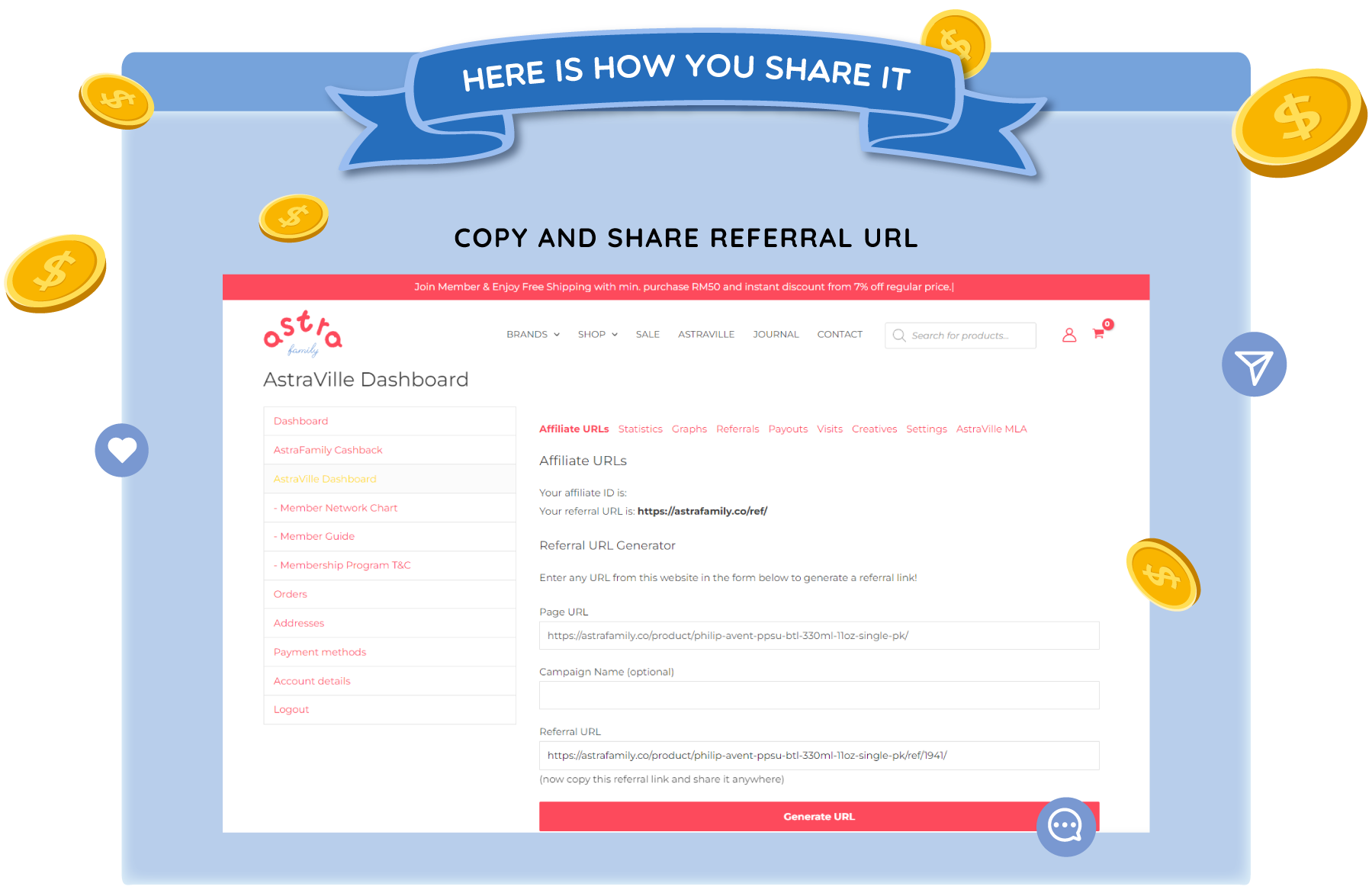 Astra Family Copy and earn by sharing referral url