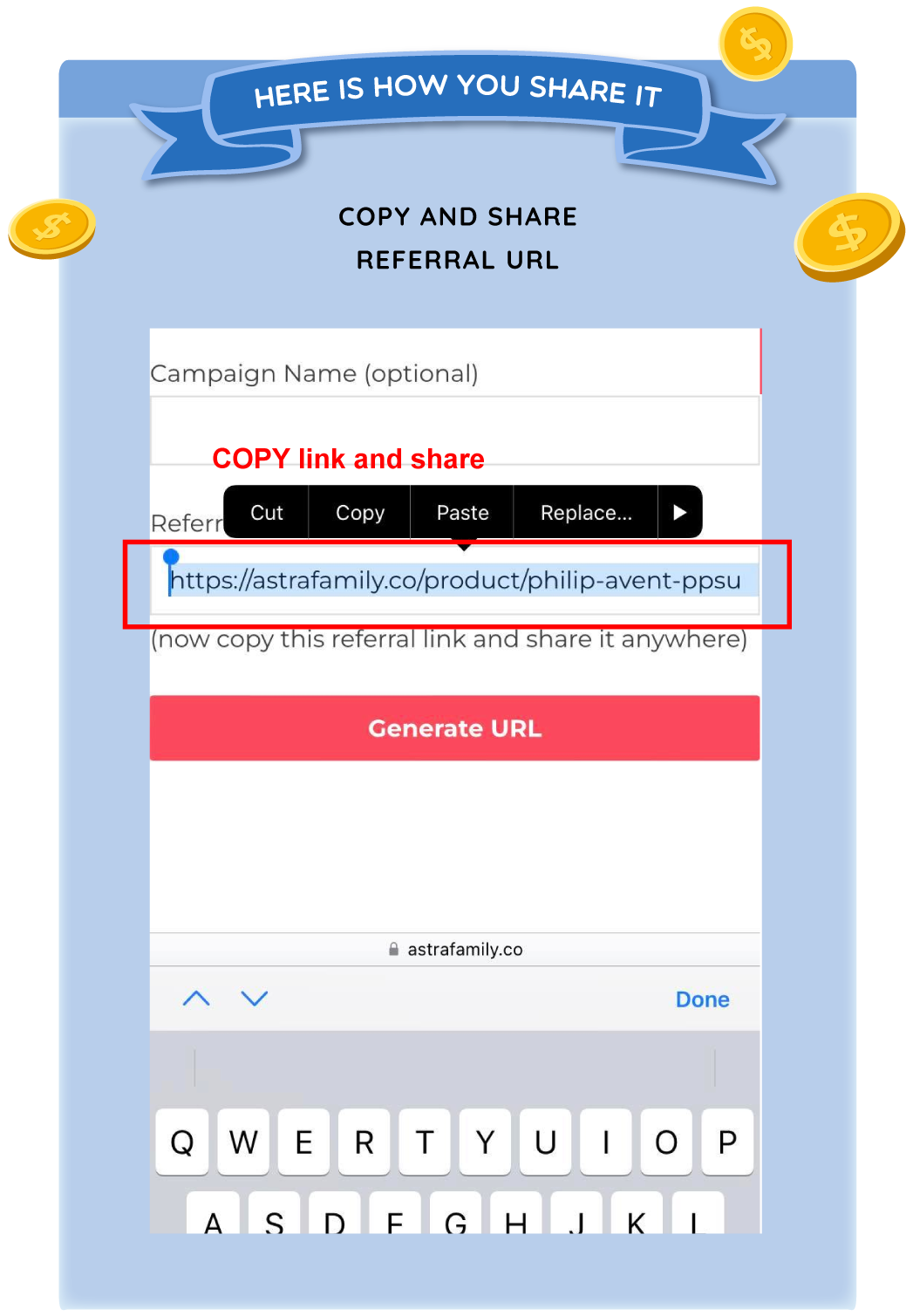 Astra Family A screenshot of the Share and Earn referral url.